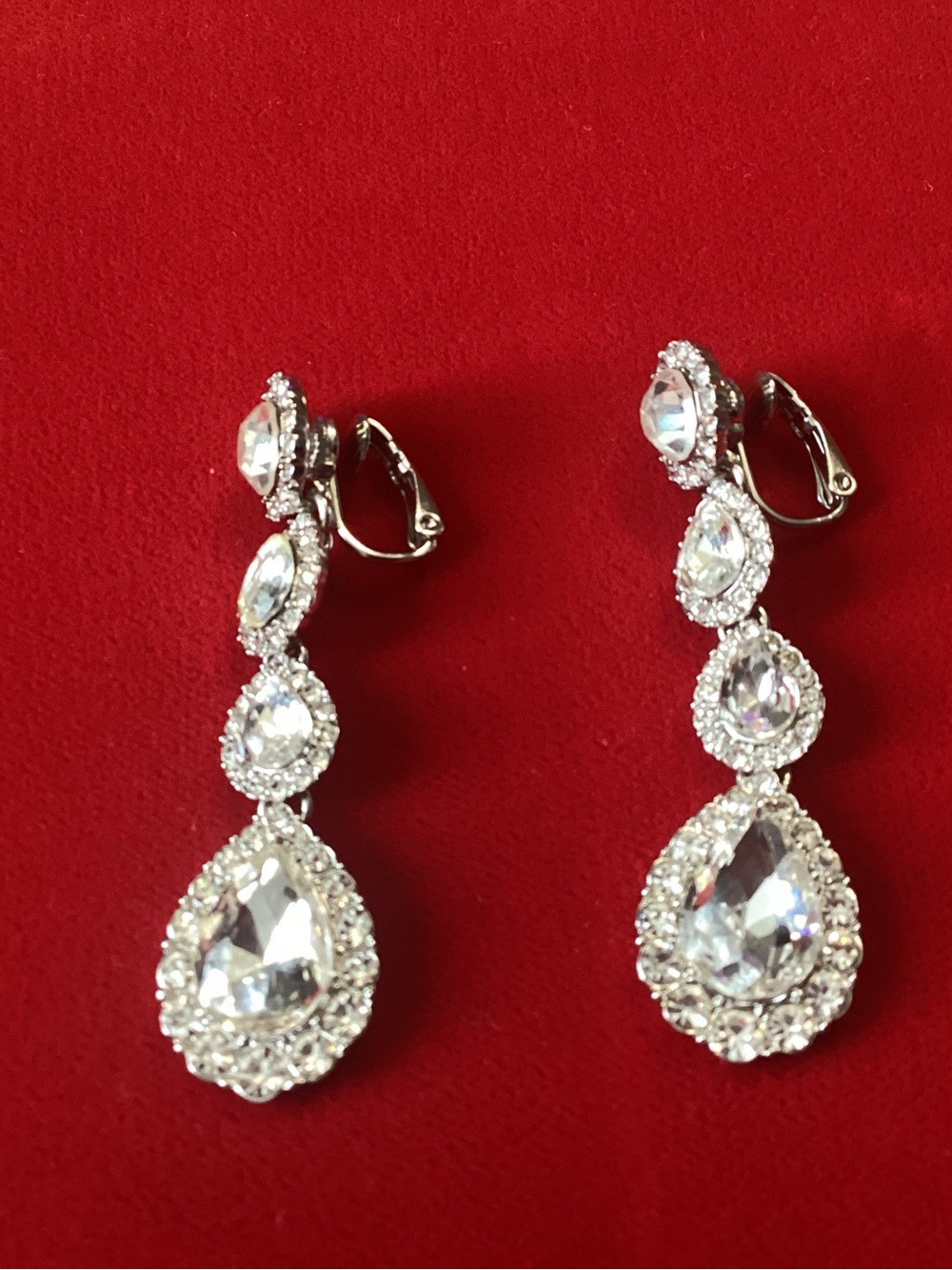 Sparkling Clip-On Clear Teardrop Drop Earrings - Silver Tone